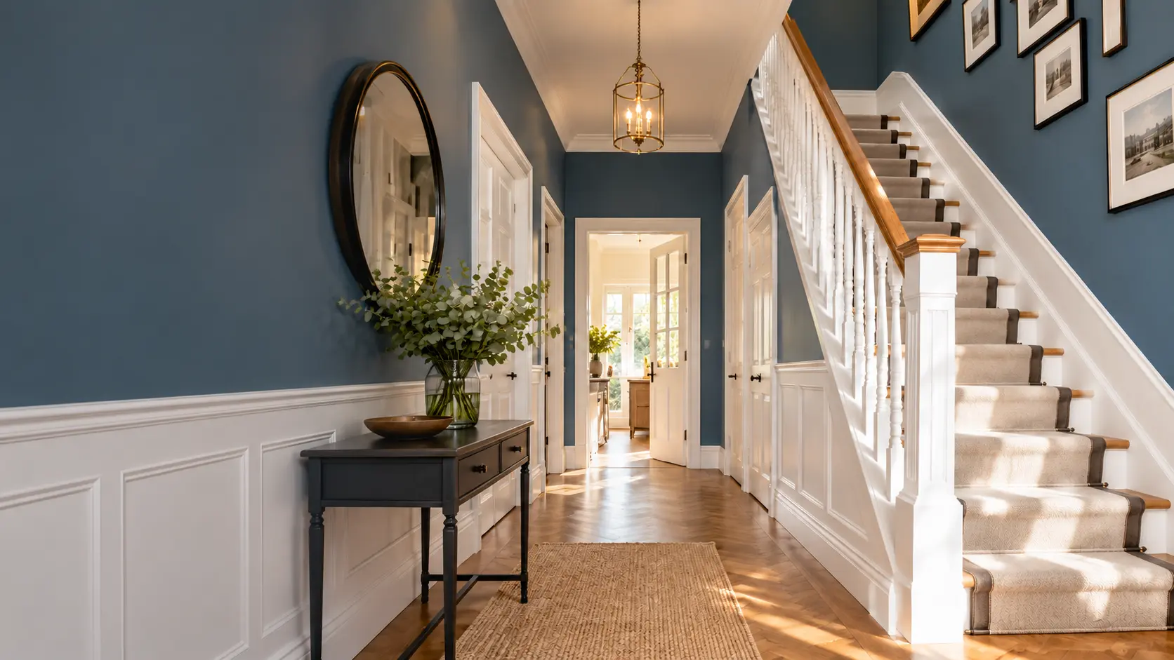 Illustrative hallway interior with blue walls and a white staircase